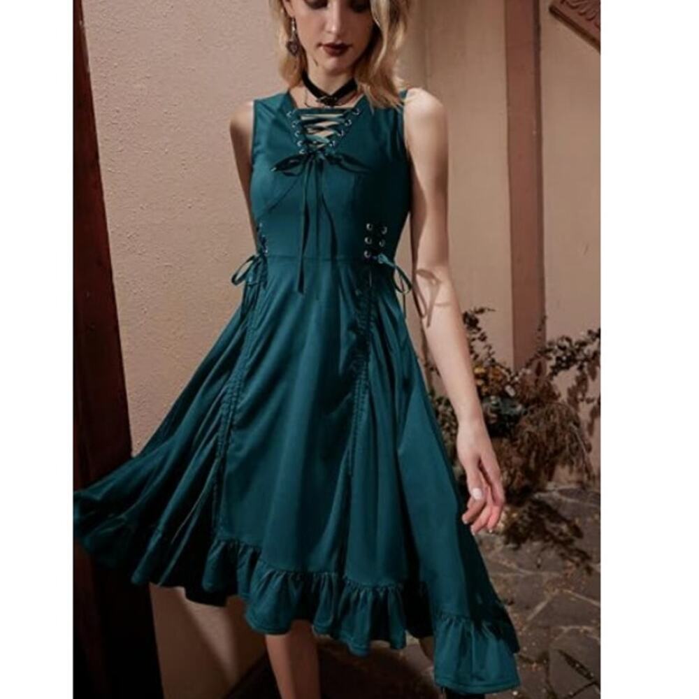 Scarlet Darkness Teal Dress Renaissance Women's Small Steampunk Dress Lace Up